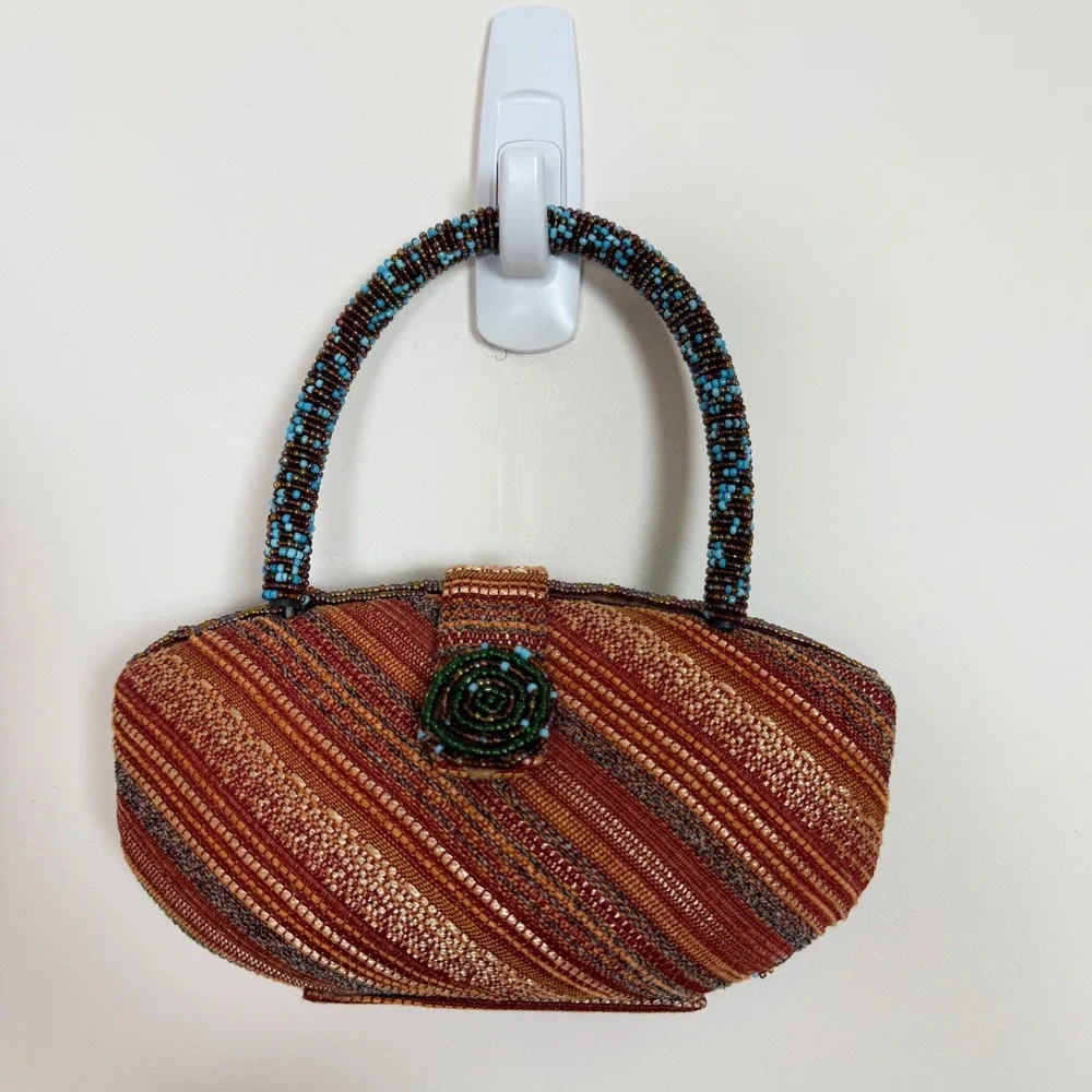 Beaded Floral Top Handle Bag Small Boho Eclectic Multicolor Purse‎